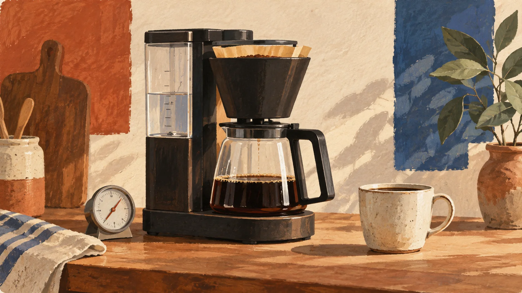 Illustration av en filterkaffebryggare, en kopp och en termometer.